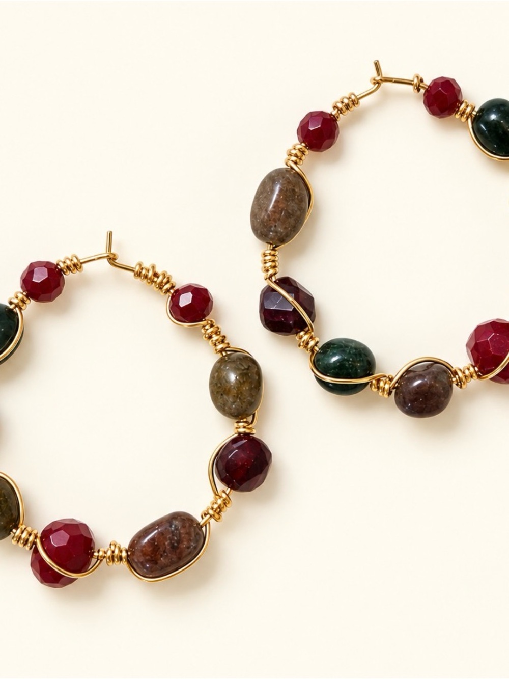 Handmade Gold Hoop Earrings with Red and Green Beads